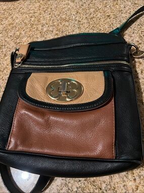 Emma Fox Black, Tan & Brown Leather Crossbody Bag - Turnlock Front Pocket